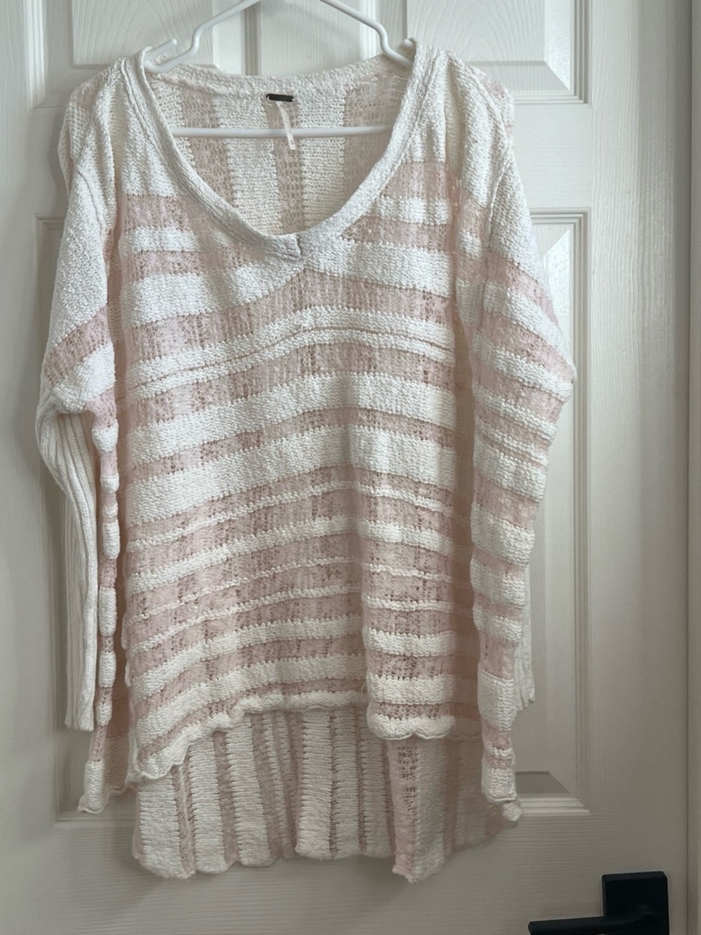Free People Striped Open-Knit V-Neck Sweater in White and Light Pink